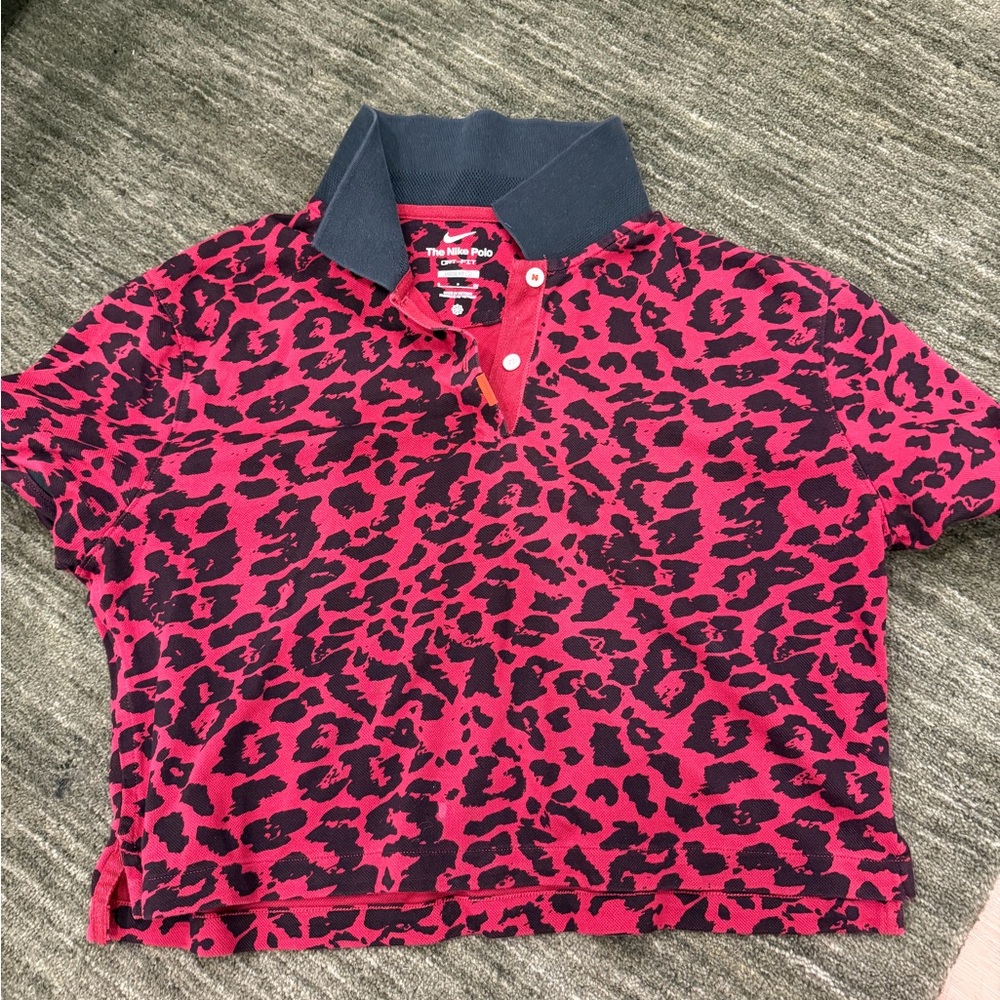 Womens Nike Golf  - Red Leopard Print Polo Crop Top loose fit